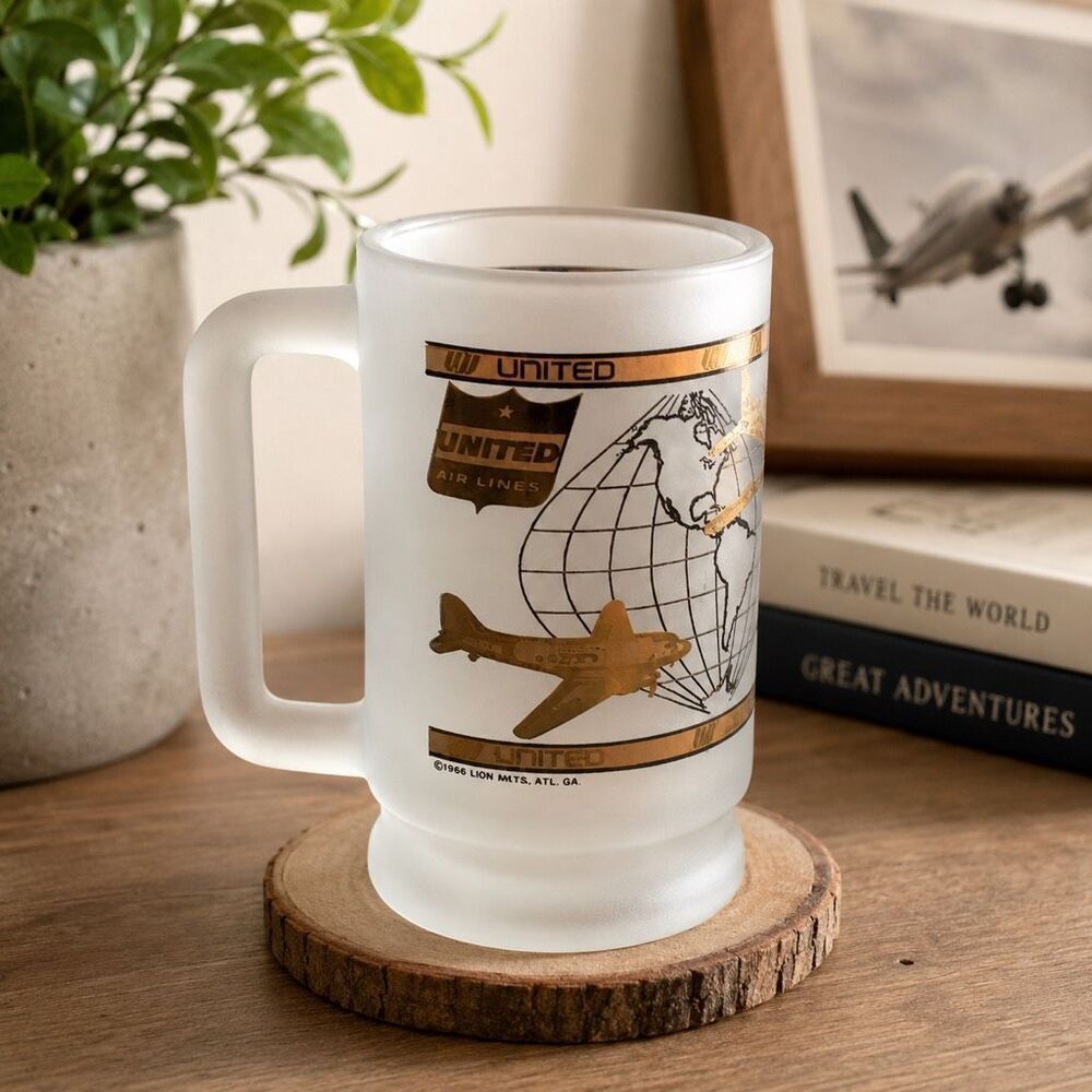 United Airlines Mug Frosted Glass Goblet 5” UA Beer Tankard vintage
